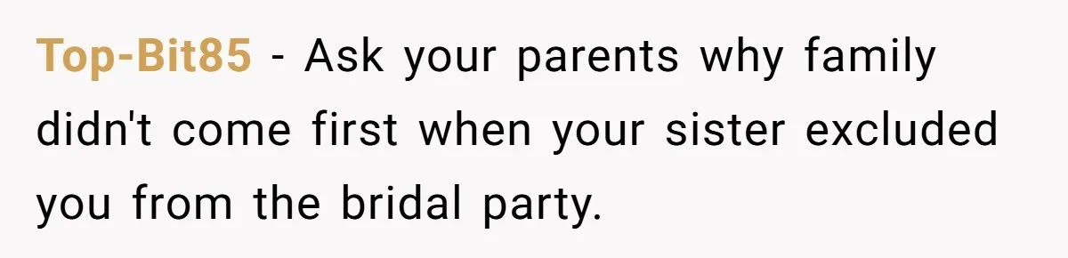 Top-Bit85 − Ask your parents why family didn't come first when your sister excluded you from the bridal party.