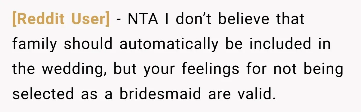[Reddit User] − NTA I don’t believe that family should automatically be included in the wedding, but your feelings for not being selected as a bridesmaid are valid.