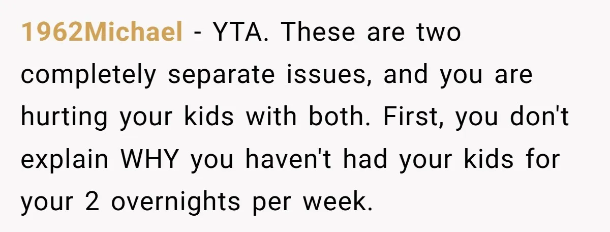 1962Michael − YTA. These are two completely separate issues, and you are hurting your kids with both. First, you don't explain WHY you haven't had your kids for your 2...