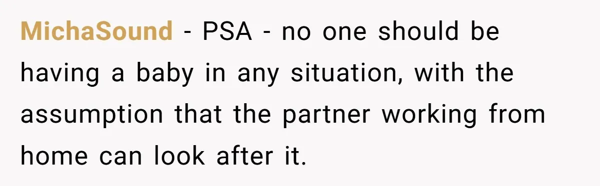 MichaSound − PSA - no one should be having a baby in any situation, with the assumption that the partner working from home can look after it.