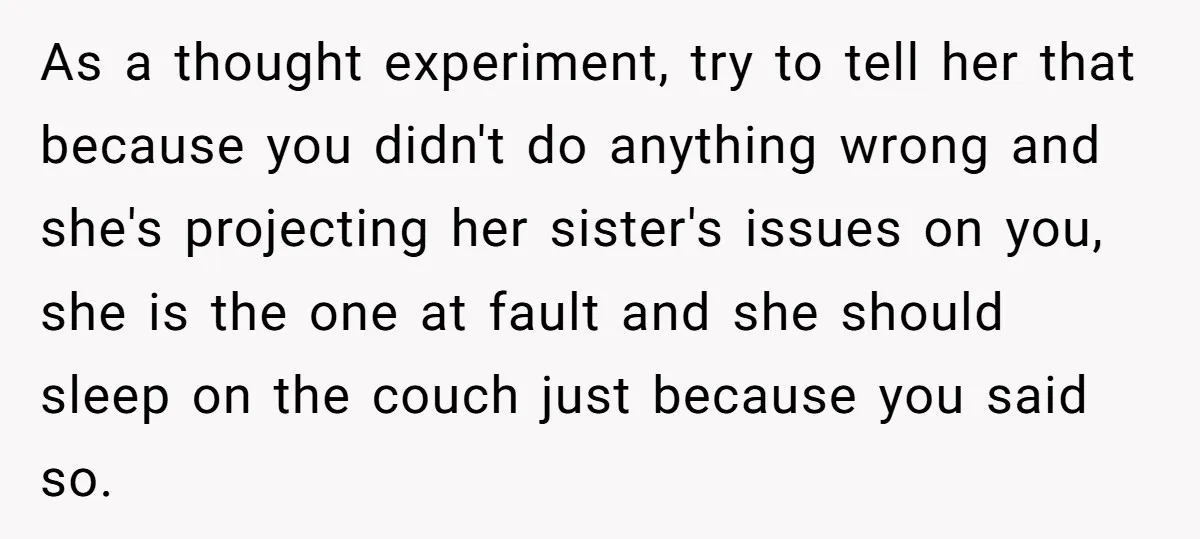 As a thought experiment, try to tell her that because you didn't do anything wrong and she's projecting her sister's issues on you, she is the one at fault and...