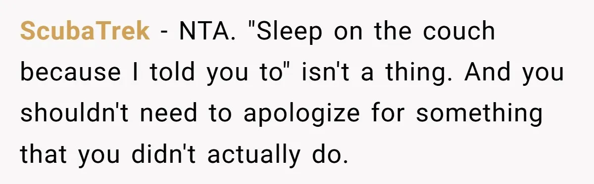 ScubaTrek − NTA. "Sleep on the couch because I told you to" isn't a thing. And you shouldn't need to apologize for something that you didn't actually do.