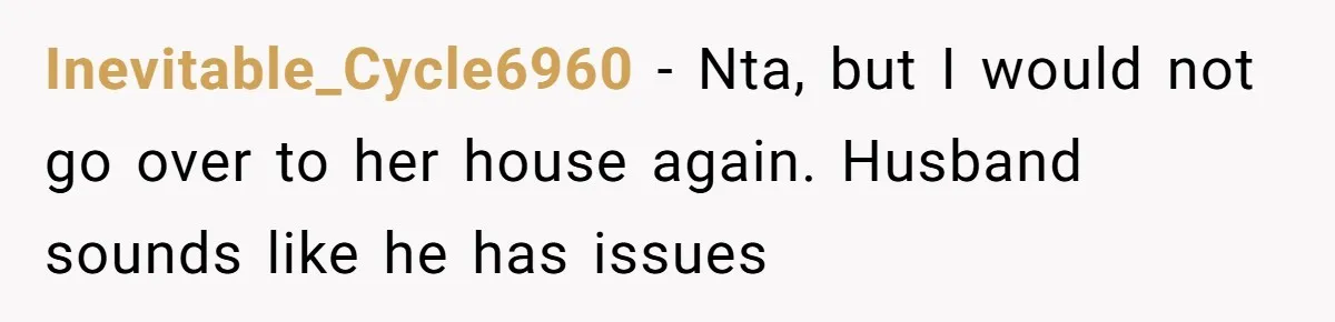 Inevitable_Cycle6960 − Nta, but I would not go over to her house again. Husband sounds like he has issues