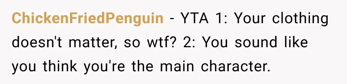 ChickenFriedPenguin − YTA 1: Your clothing doesn't matter, so wtf? 2: You sound like you think you're the main character.