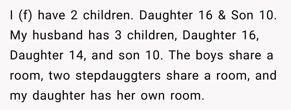 I (f) have 2 children. Daughter 16 & Son 10. My husband has 3 children, Daughter 16, Daughter 14, and son 10. The boys share a room, two stepdauggters share...