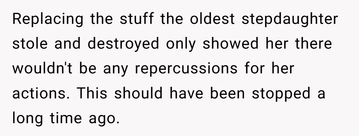 Replacing the stuff the oldest stepdaughter stole and destroyed only showed her there wouldn't be any repercussions for her actions. This should have been stopped a long time ago.