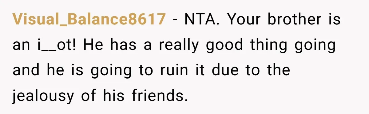 Visual_Balance8617 − NTA. Your brother is an i__ot! He has a really good thing going and he is going to ruin it due to the jealousy of his friends.