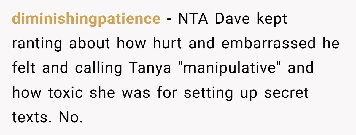 diminishingpatience − NTA Dave kept ranting about how hurt and embarrassed he felt and calling Tanya "manipulative" and how toxic she was for setting up secret texts. No.