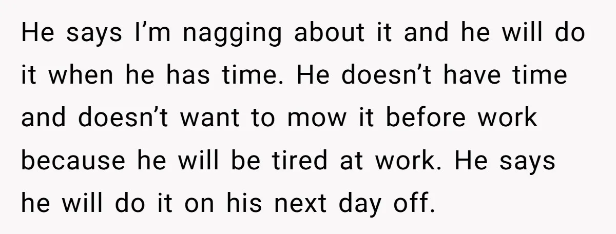 He says I’m nagging about it and he will do it when he has time. He doesn’t have time and doesn’t want to mow it before work because he will...