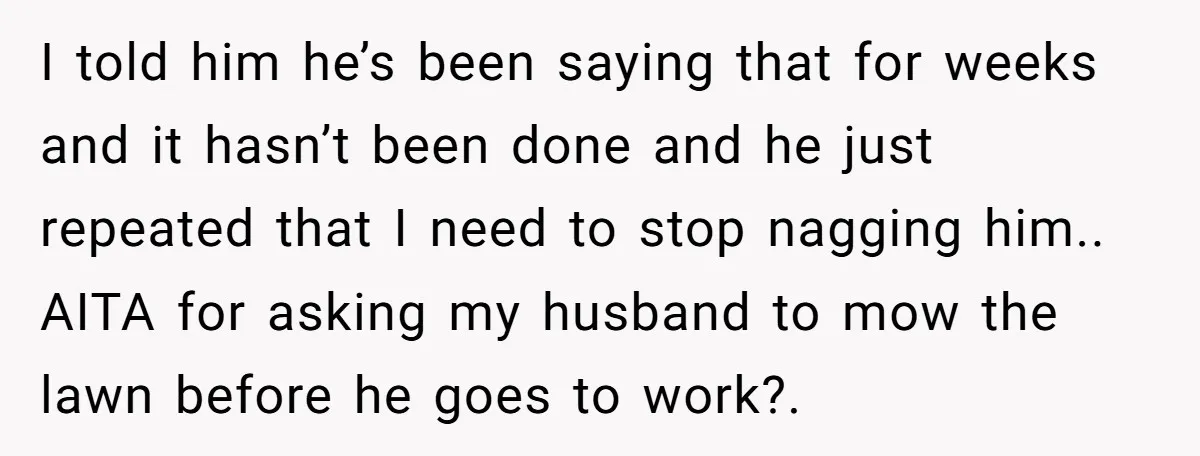 I told him he’s been saying that for weeks and it hasn’t been done and he just repeated that I need to stop nagging him.. AITA for asking my husband...