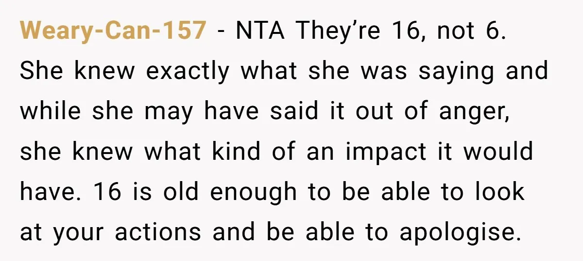 Weary-Can-157 − NTA They’re 16, not 6. She knew exactly what she was saying and while she may have said it out of anger, she knew what kind of an...