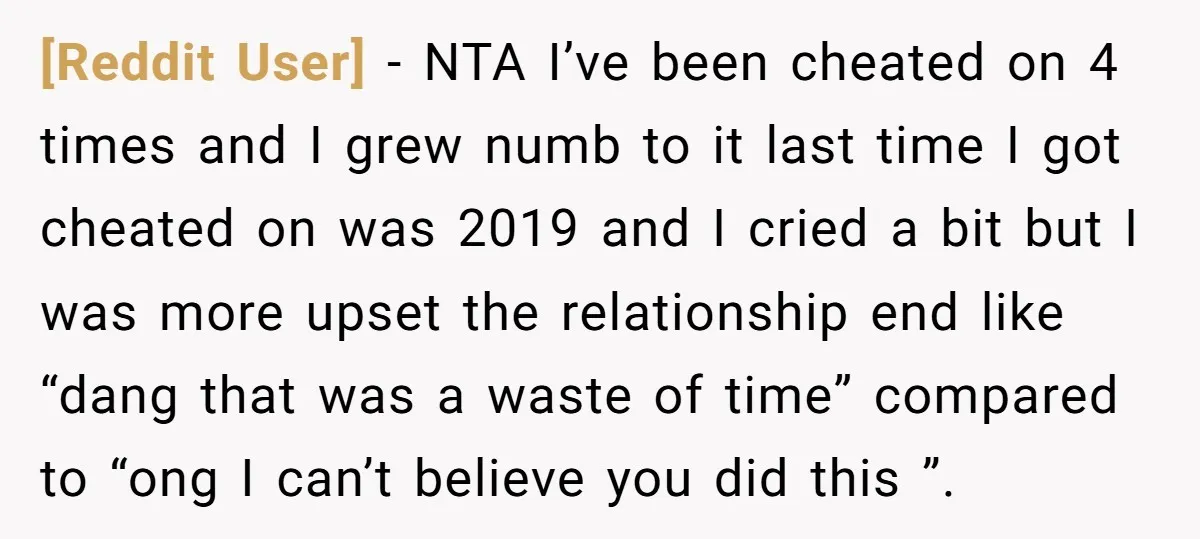 [Reddit User] − NTA I’ve been cheated on 4 times and I grew numb to it last time I got cheated on was 2019 and I cried a bit but...