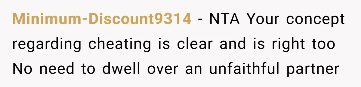 Minimum-Discount9314 − NTA Your concept regarding cheating is clear and is right too No need to dwell over an unfaithful partner
