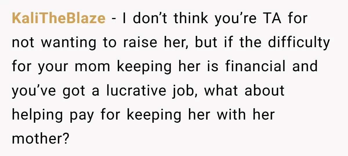 KaliTheBlaze − I don’t think you’re TA for not wanting to raise her, but if the difficulty for your mom keeping her is financial and you’ve got a lucrative job,...
