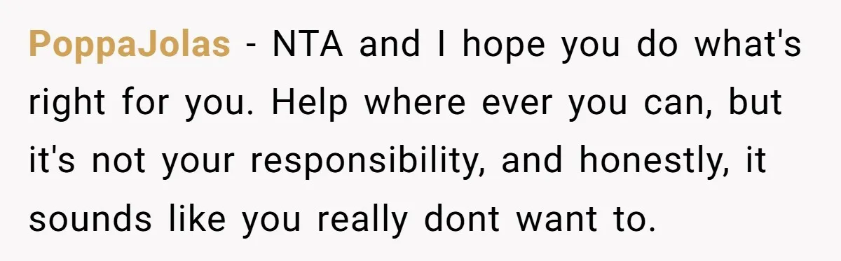 PoppaJolas − NTA and I hope you do what's right for you. Help where ever you can, but it's not your responsibility, and honestly, it sounds like you really dont...