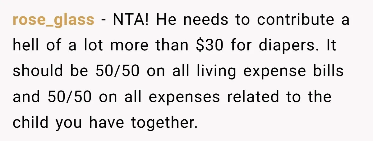 rose_glass − NTA! He needs to contribute a hell of a lot more than $30 for diapers. It should be 50/50 on all living expense bills and 50/50 on all...