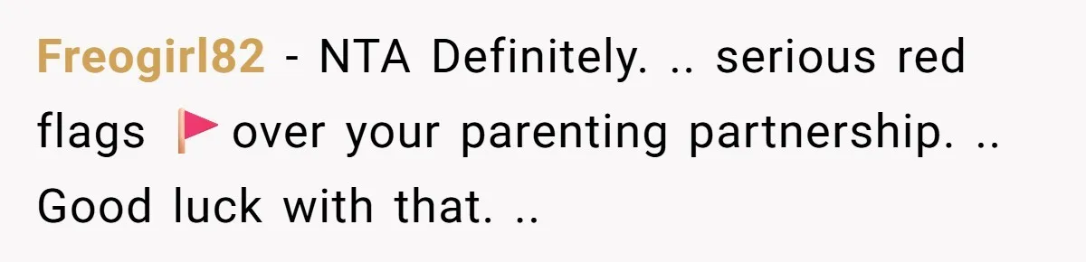 Freogirl82 − NTA Definitely. .. serious red flags 🚩over your parenting partnership. .. Good luck with that. ..
