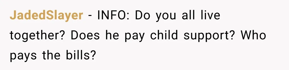 JadedSlayer − INFO: Do you all live together? Does he pay child support? Who pays the bills?