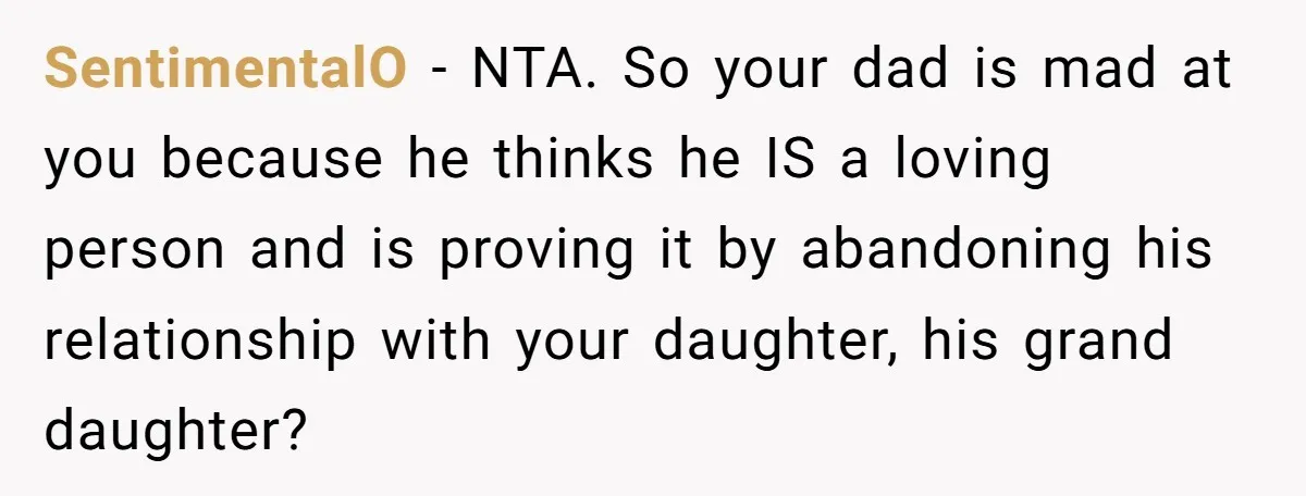 SentimentalO − NTA. So your dad is mad at you because he thinks he IS a loving person and is proving it by abandoning his relationship with your daughter, his...
