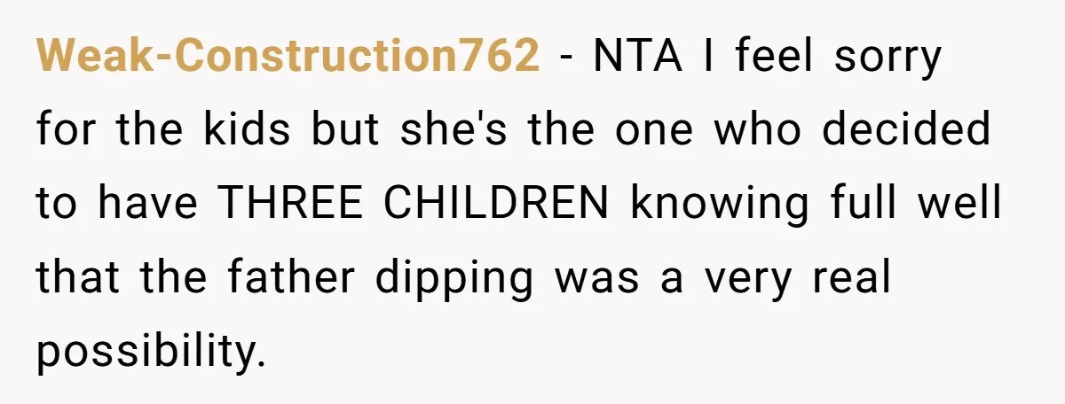 Weak-Construction762 − NTA I feel sorry for the kids but she's the one who decided to have THREE CHILDREN knowing full well that the father dipping was a very real...