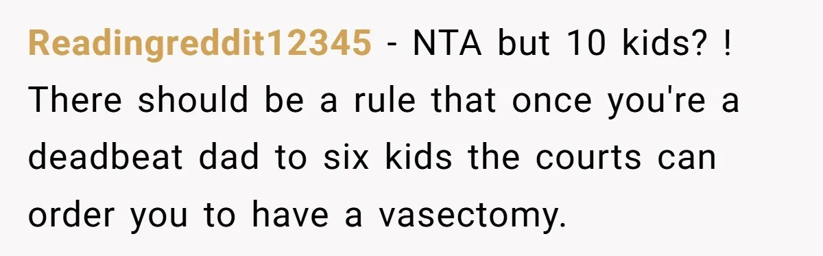 Readingreddit12345 − NTA but 10 kids? ! There should be a rule that once you're a deadbeat dad to six kids the courts can order you to have a vasectomy.