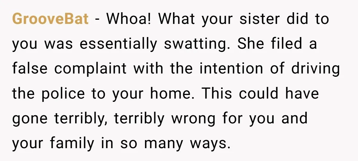 GrooveBat − Whoa! What your sister did to you was essentially swatting. She filed a false complaint with the intention of driving the police to your home. This could have...