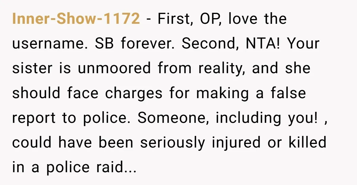Inner-Show-1172 − First, OP, love the username. SB forever. Second, NTA! Your sister is unmoored from reality, and she should face charges for making a false report to police. Someone,...