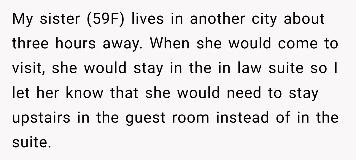My sister (59F) lives in another city about three hours away. When she would come to visit, she would stay in the in law suite so I let her know...
