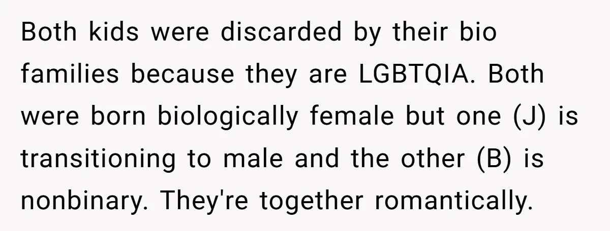 Both kids were discarded by their bio families because they are LGBTQIA. Both were born biologically female but one (J) is transitioning to male and the other (B) is nonbinary....