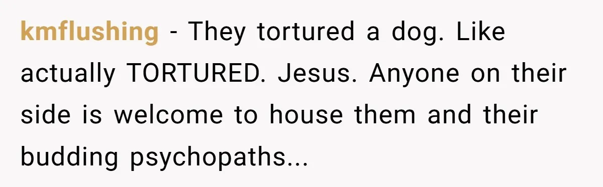 kmflushing − They tortured a dog. Like actually TORTURED. Jesus. Anyone on their side is welcome to house them and their budding psychopaths...