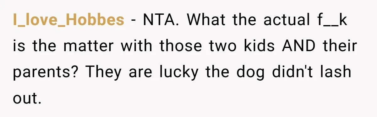I_love_Hobbes − NTA. What the actual f__k is the matter with those two kids AND their parents? They are lucky the dog didn't lash out.