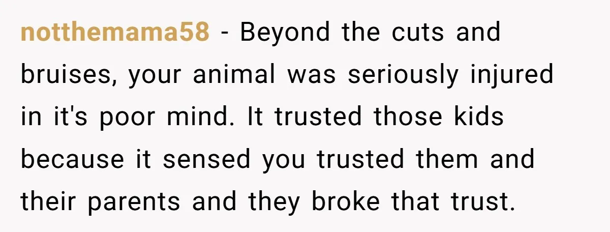 notthemama58 − Beyond the cuts and bruises, your animal was seriously injured in it's poor mind. It trusted those kids because it sensed you trusted them and their parents and...