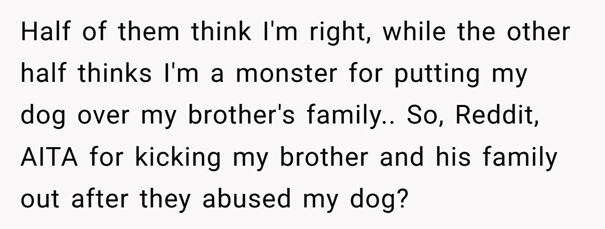Half of them think I'm right, while the other half thinks I'm a monster for putting my dog over my brother's family.. So, Reddit, AITA for kicking my brother and...