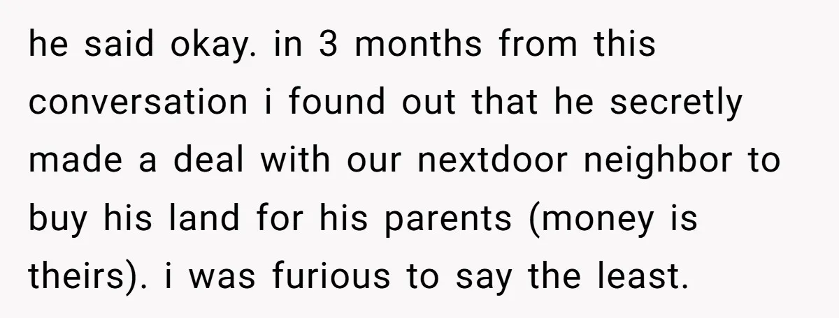 he said okay. in 3 months from this conversation i found out that he secretly made a deal with our nextdoor neighbor to buy his land for his parents (money...