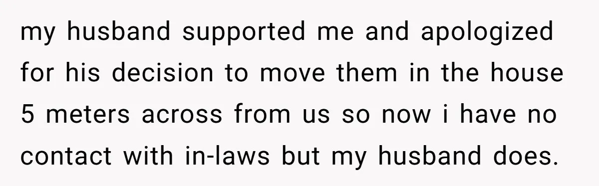 my husband supported me and apologized for his decision to move them in the house 5 meters across from us so now i have no contact with in-laws but my...