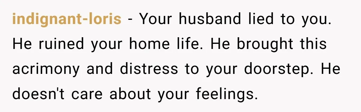 indignant-loris − Your husband lied to you. He ruined your home life. He brought this acrimony and distress to your doorstep. He doesn't care about your feelings.