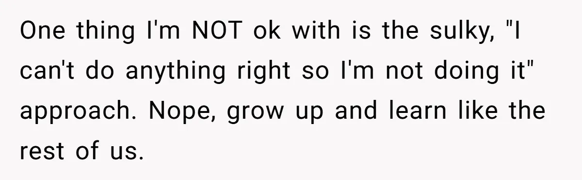 One thing I'm NOT ok with is the sulky, "I can't do anything right so I'm not doing it" approach. Nope, grow up and learn like the rest of us.