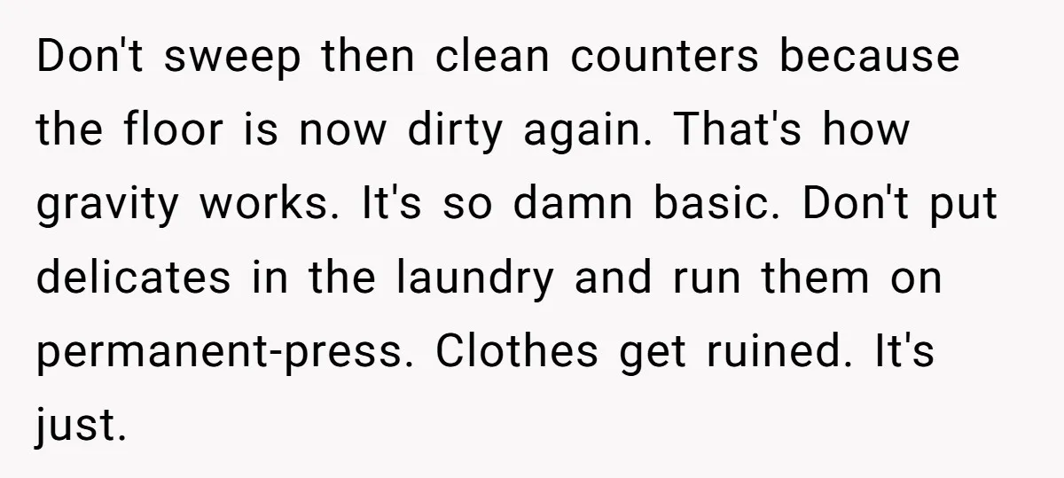 Don't sweep then clean counters because the floor is now dirty again. That's how gravity works. It's so damn basic. Don't put delicates in the laundry and run them on...