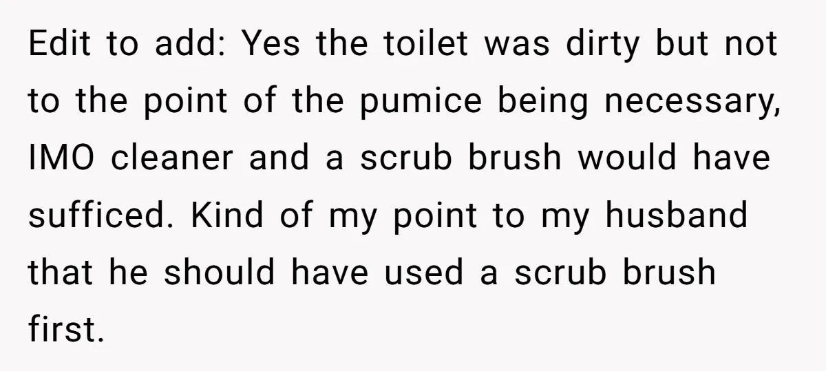 Edit to add: Yes the toilet was dirty but not to the point of the pumice being necessary, IMO cleaner and a scrub brush would have sufficed. Kind of my...