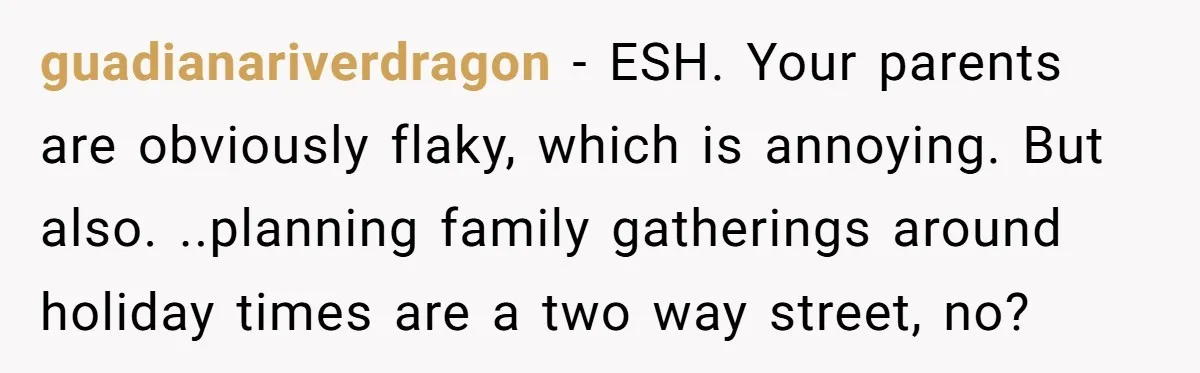 guadianariverdragon − ESH. Your parents are obviously flaky, which is annoying. But also. ..planning family gatherings around holiday times are a two way street, no?