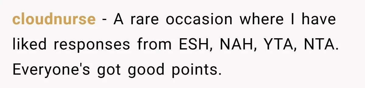 cloudnurse − A rare occasion where I have liked responses from ESH, NAH, YTA, NTA. Everyone's got good points.