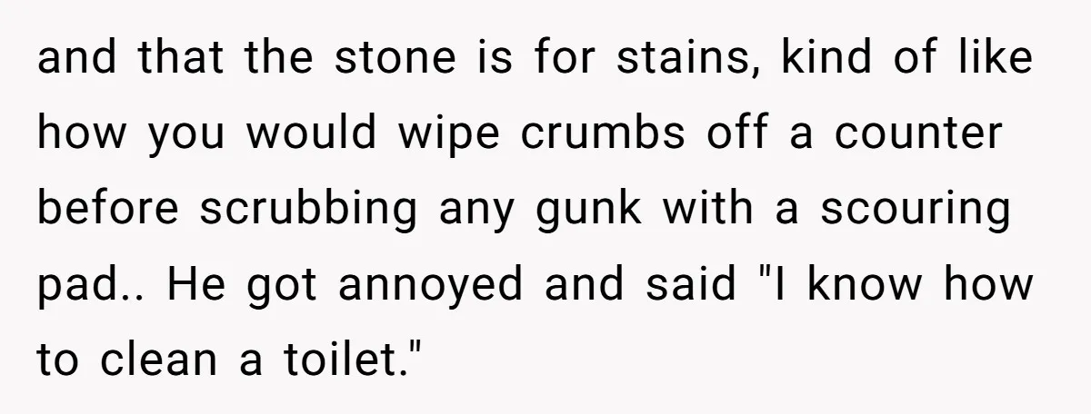 and that the stone is for stains, kind of like how you would wipe crumbs off a counter before scrubbing any gunk with a scouring pad.. He got annoyed and...