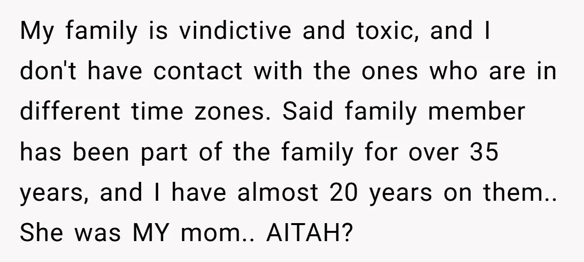 My family is vindictive and toxic, and I don't have contact with the ones who are in different time zones. Said family member has been part of the family for...