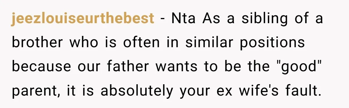 jeezlouiseurthebest − Nta As a sibling of a brother who is often in similar positions because our father wants to be the "good" parent, it is absolutely your ex wife's...