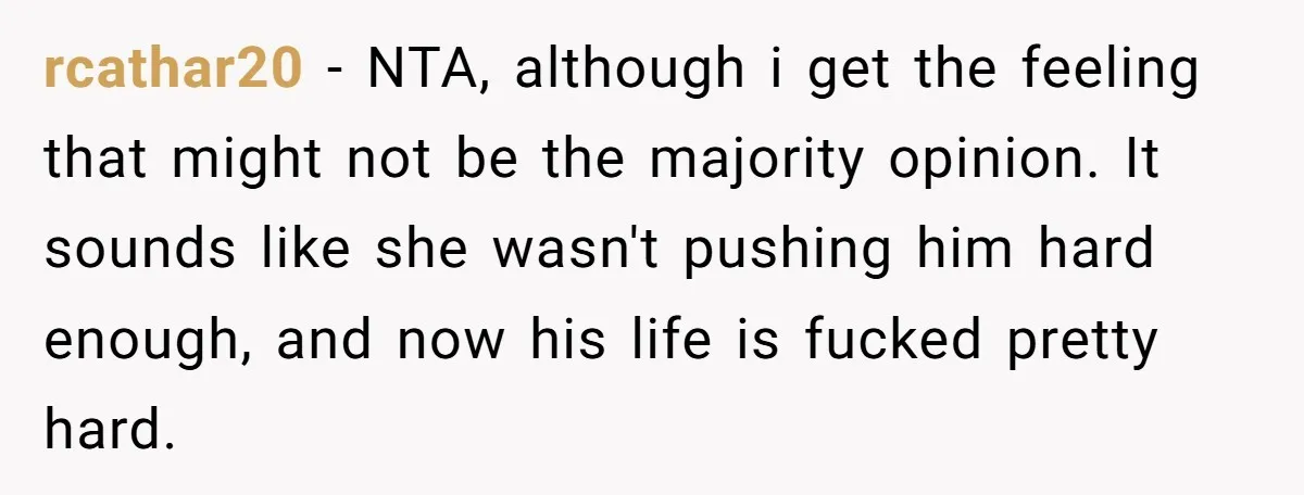 rcathar20 − NTA, although i get the feeling that might not be the majority opinion. It sounds like she wasn't pushing him hard enough, and now his life is fucked...
