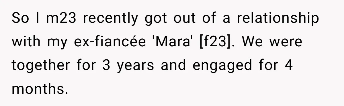 So I m23 recently got out of a relationship with my ex-fiancée 'Mara' [f23]. We were together for 3 years and engaged for 4 months.