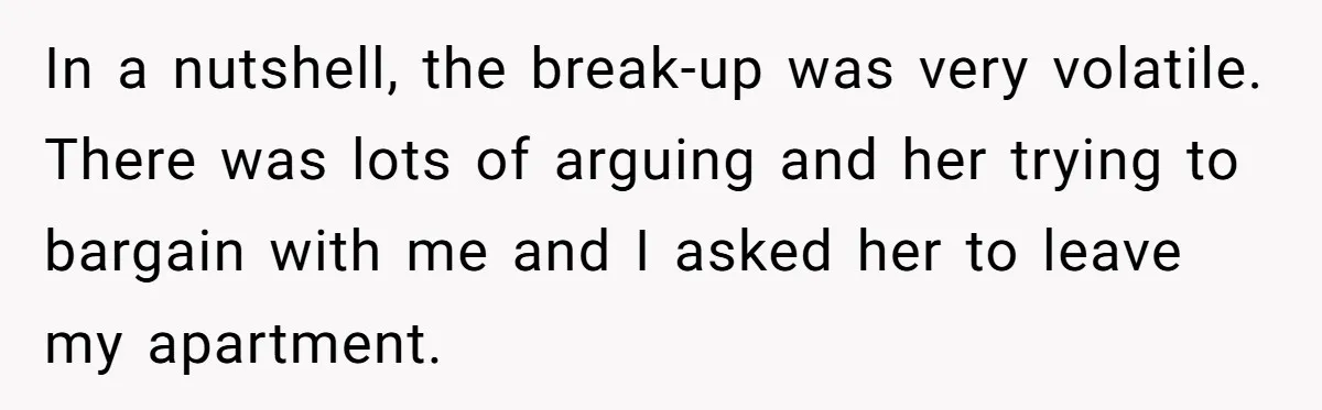 In a nutshell, the break-up was very volatile. There was lots of arguing and her trying to bargain with me and I asked her to leave my apartment.