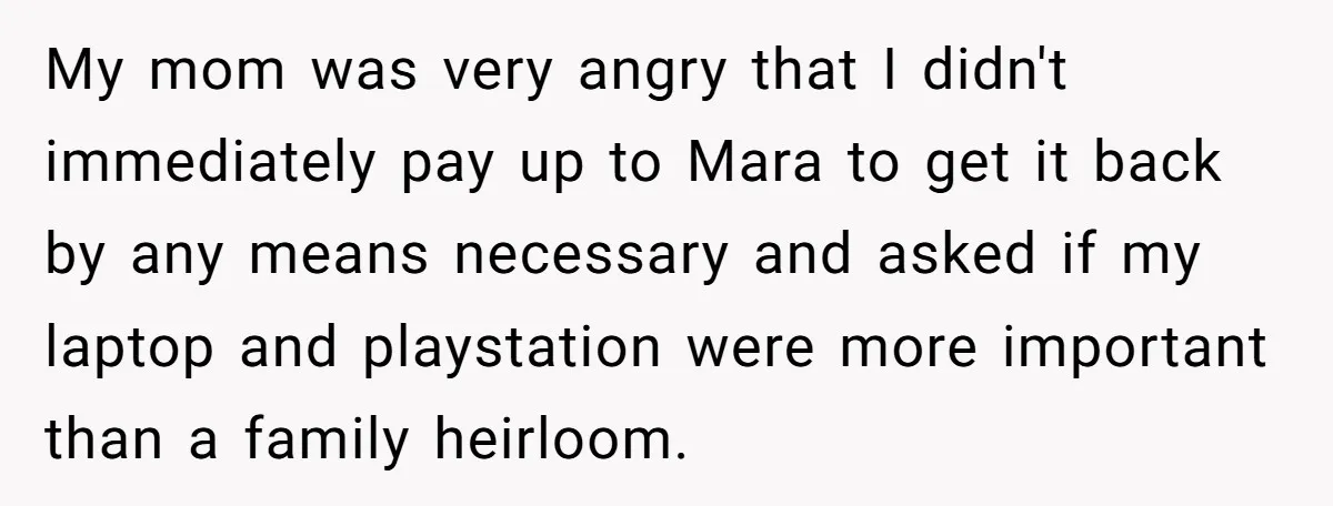 My mom was very angry that I didn't immediately pay up to Mara to get it back by any means necessary and asked if my laptop and playstation were more...