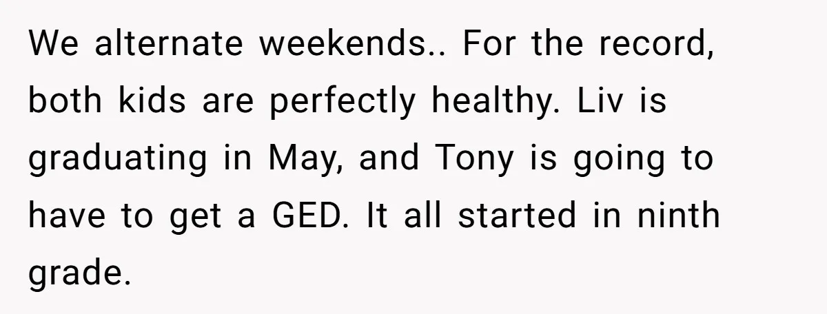 We alternate weekends.. For the record, both kids are perfectly healthy. Liv is graduating in May, and Tony is going to have to get a GED. It all started in...