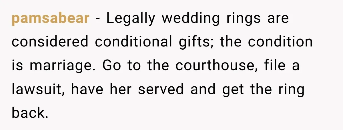 pamsabear − Legally wedding rings are considered conditional gifts; the condition is marriage. Go to the courthouse, file a lawsuit, have her served and get the ring back.